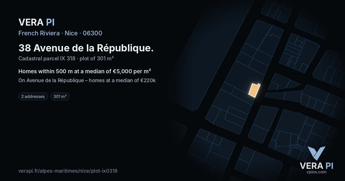 38 Avenue de la République, Nice at night – the plot lit, the parcels around coloured by the prices near them