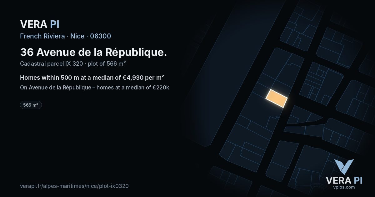 36 Avenue de la République, Nice at night – the plot lit, the parcels around coloured by the prices near them