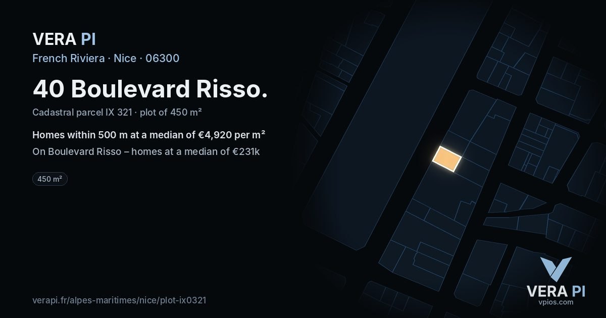 40 Boulevard Risso, Nice at night – the plot lit, the parcels around coloured by the prices near them