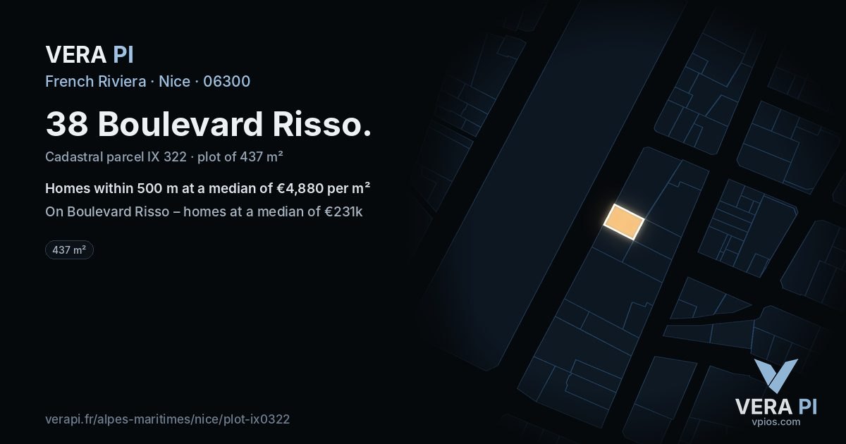 38 Boulevard Risso, Nice at night – the plot lit, the parcels around coloured by the prices near them