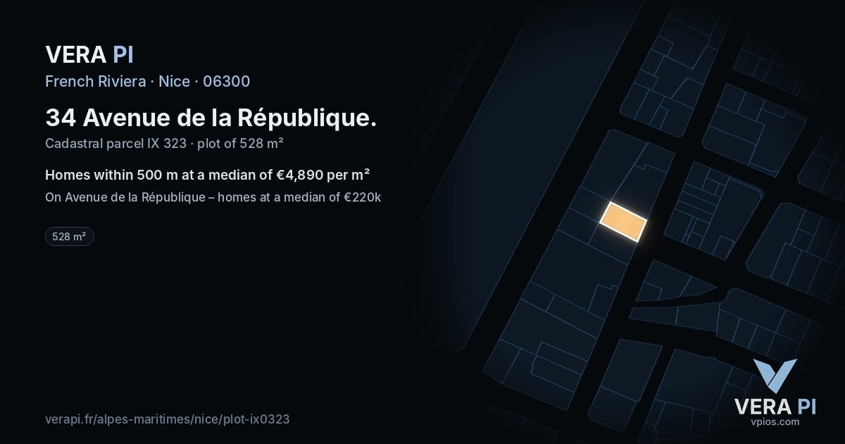 34 Avenue de la République, Nice at night – the plot lit, the parcels around coloured by the prices near them