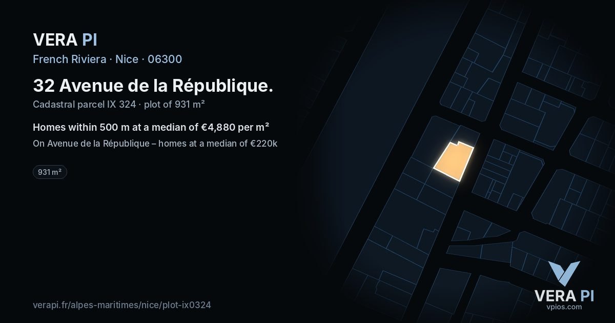 32 Avenue de la République, Nice at night – the plot lit, the parcels around coloured by the prices near them