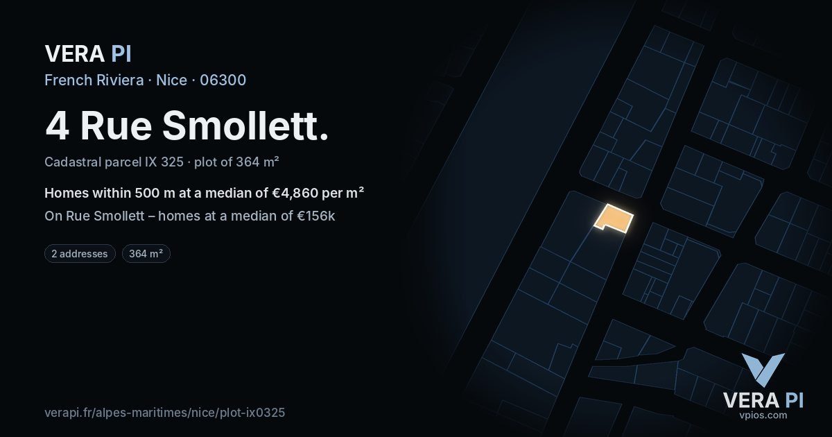 4 Rue Smollett, Nice at night – the plot lit, the parcels around coloured by the prices near them