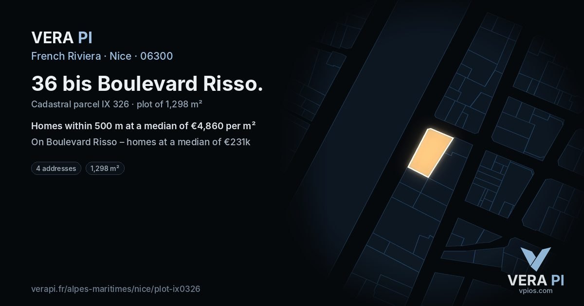 36 bis Boulevard Risso, Nice at night – the plot lit, the parcels around coloured by the prices near them