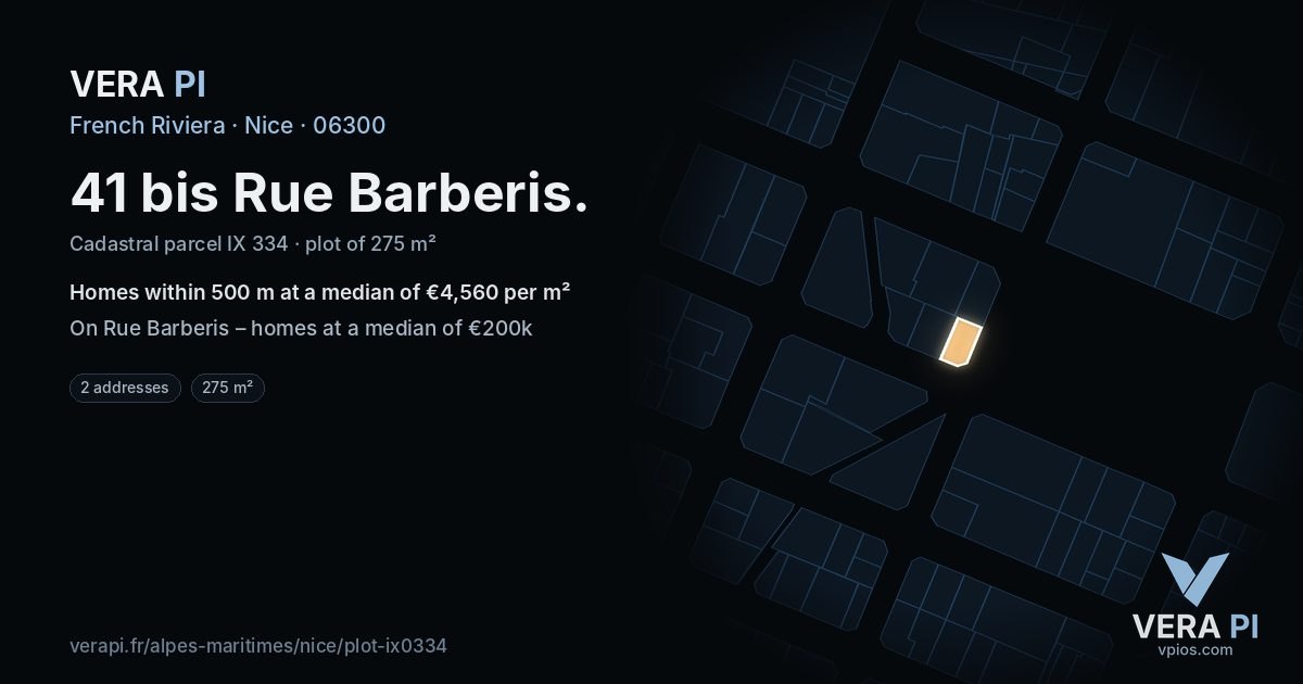 41 bis Rue Barberis, Nice at night – the plot lit, the parcels around coloured by the prices near them