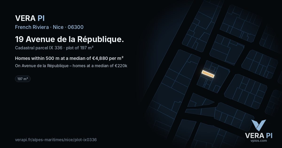 19 Avenue de la République, Nice at night – the plot lit, the parcels around coloured by the prices near them