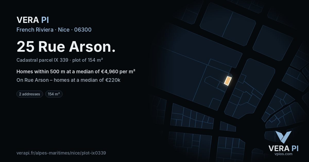 25 Rue Arson, Nice at night – the plot lit, the parcels around coloured by the prices near them