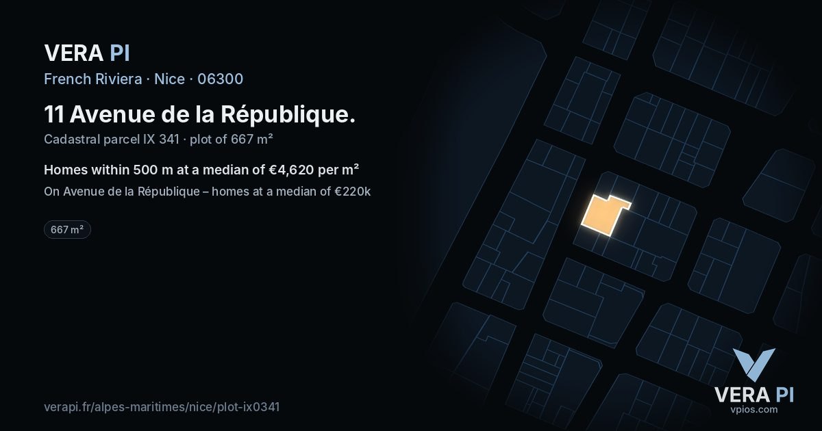11 Avenue de la République, Nice at night – the plot lit, the parcels around coloured by the prices near them