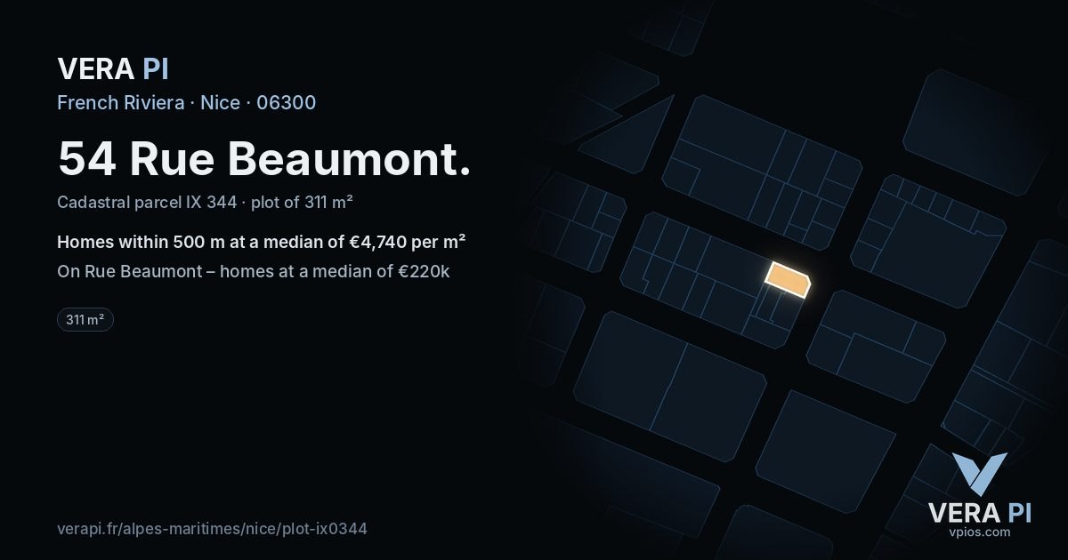 54 Rue Beaumont, Nice at night – the plot lit, the parcels around coloured by the prices near them