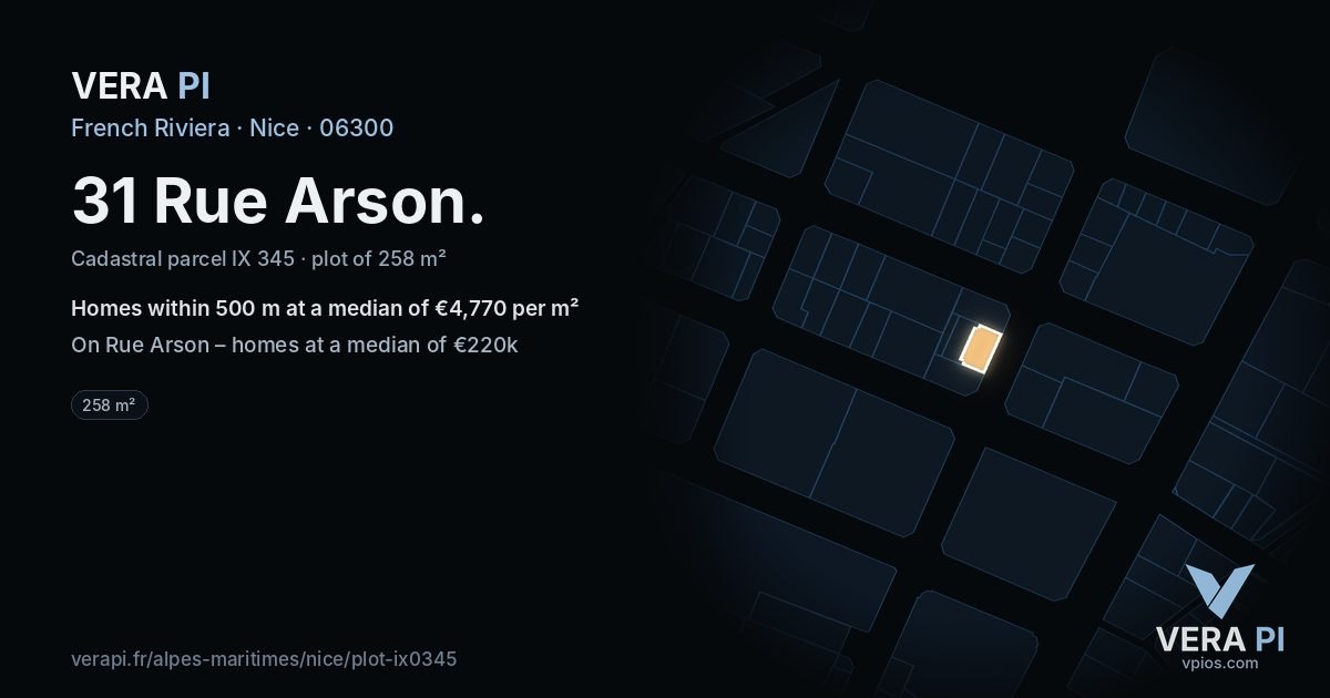 31 Rue Arson, Nice at night – the plot lit, the parcels around coloured by the prices near them