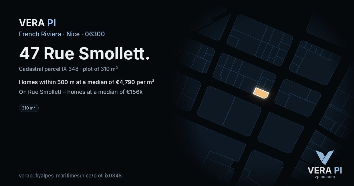 47 Rue Smollett, Nice at night – the plot lit, the parcels around coloured by the prices near them