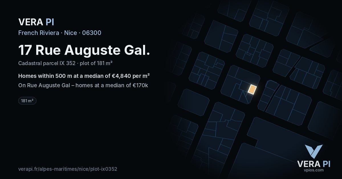 17 Rue Auguste Gal, Nice at night – the plot lit, the parcels around coloured by the prices near them