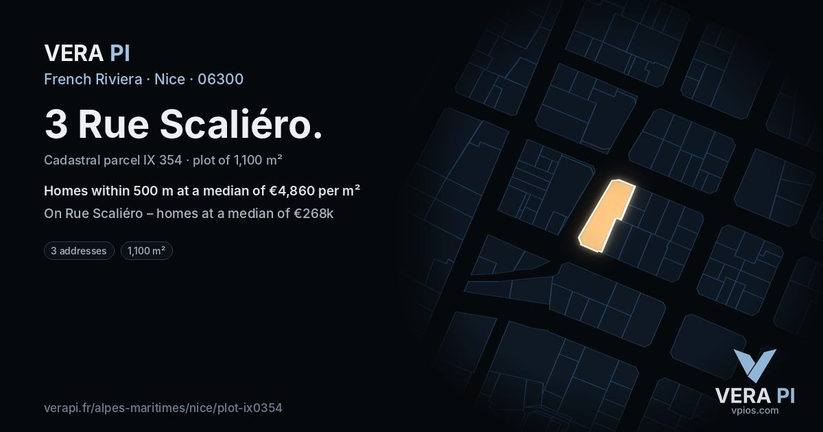 3 Rue Scaliéro, Nice at night – the plot lit, the parcels around coloured by the prices near them