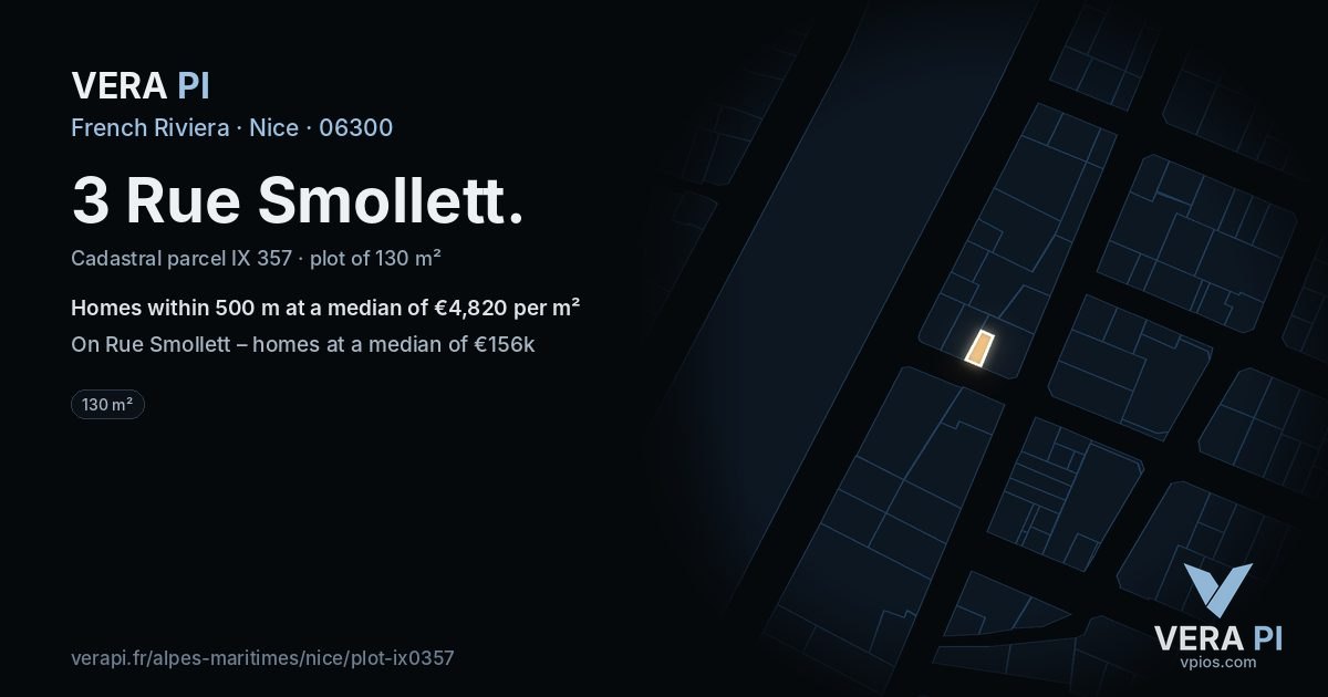 3 Rue Smollett, Nice at night – the plot lit, the parcels around coloured by the prices near them