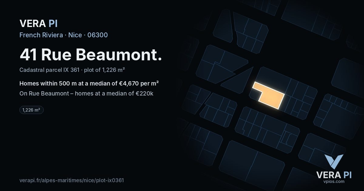 41 Rue Beaumont, Nice at night – the plot lit, the parcels around coloured by the prices near them