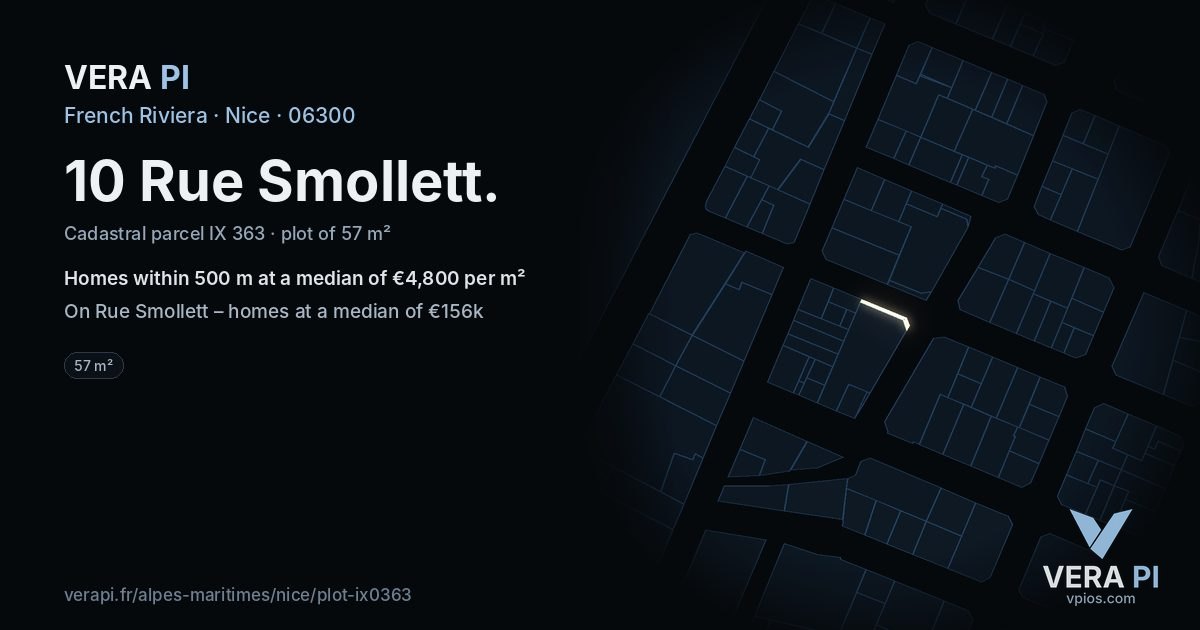 10 Rue Smollett, Nice at night – the plot lit, the parcels around coloured by the prices near them
