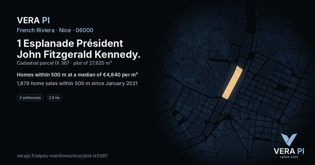 1 Esplanade Président John Fitzgerald Kennedy, Nice at night – the plot lit, the parcels around coloured by the prices near them