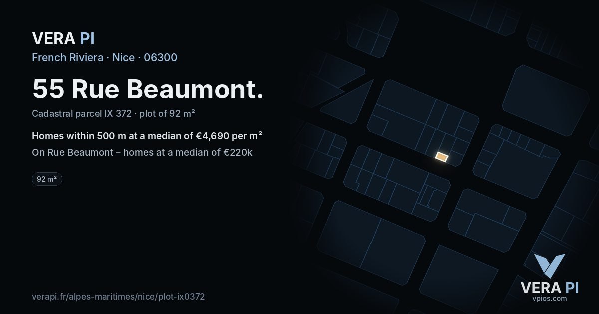 55 Rue Beaumont, Nice at night – the plot lit, the parcels around coloured by the prices near them