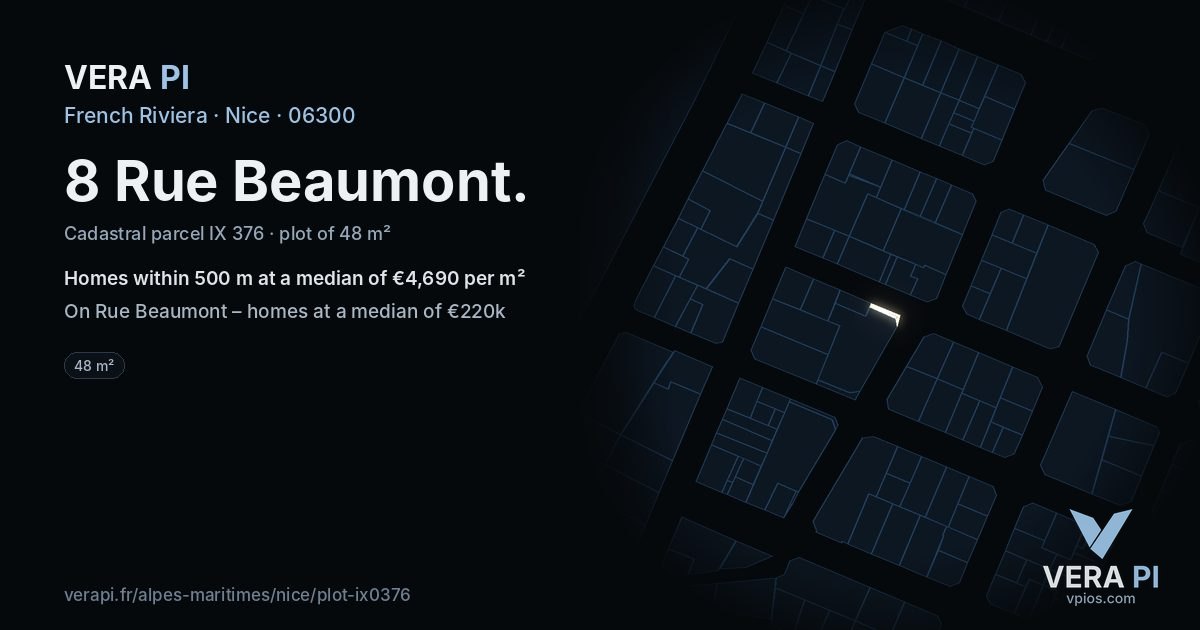 8 Rue Beaumont, Nice at night – the plot lit, the parcels around coloured by the prices near them
