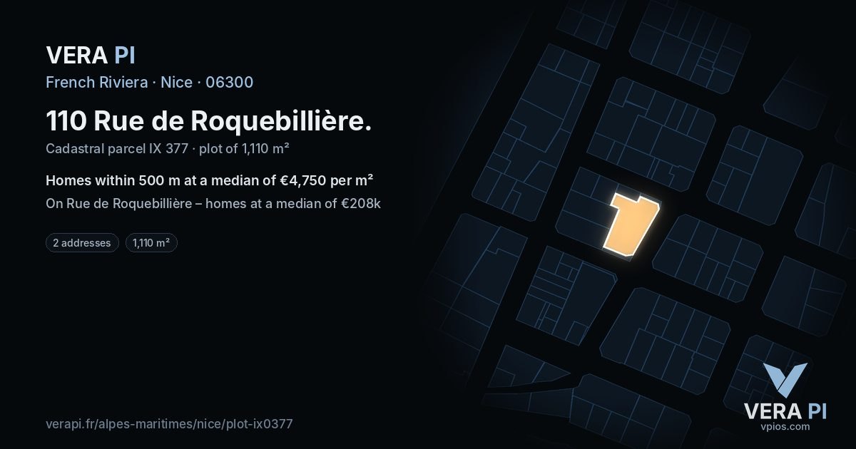 110 Rue de Roquebillière, Nice at night – the plot lit, the parcels around coloured by the prices near them