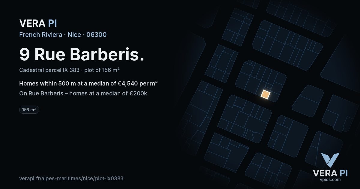 9 Rue Barberis, Nice at night – the plot lit, the parcels around coloured by the prices near them