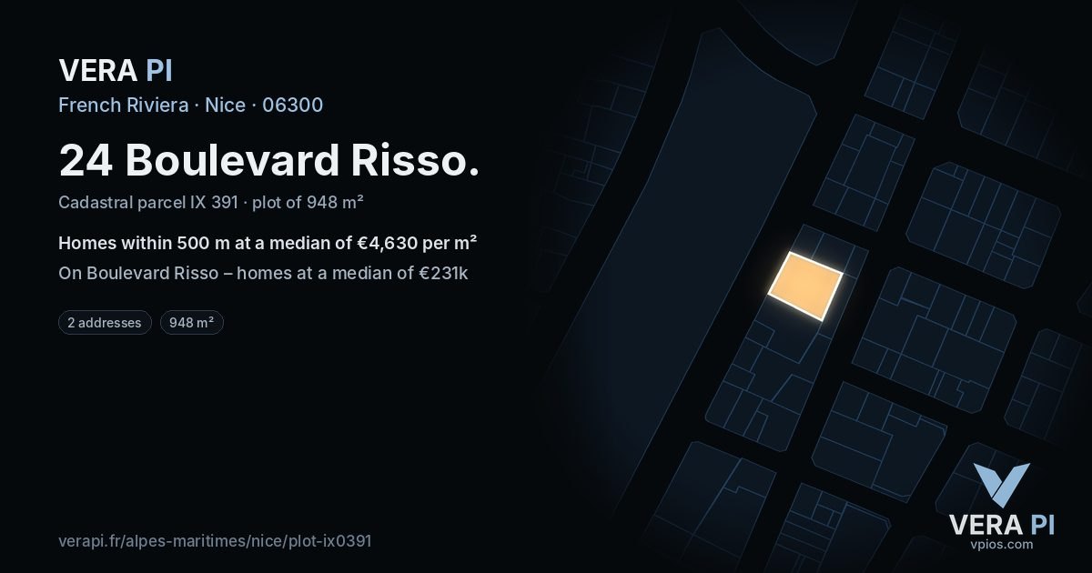24 Boulevard Risso, Nice at night – the plot lit, the parcels around coloured by the prices near them