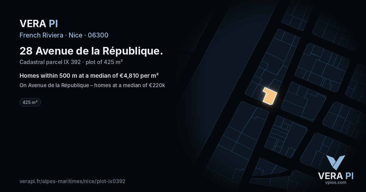 28 Avenue de la République, Nice at night – the plot lit, the parcels around coloured by the prices near them