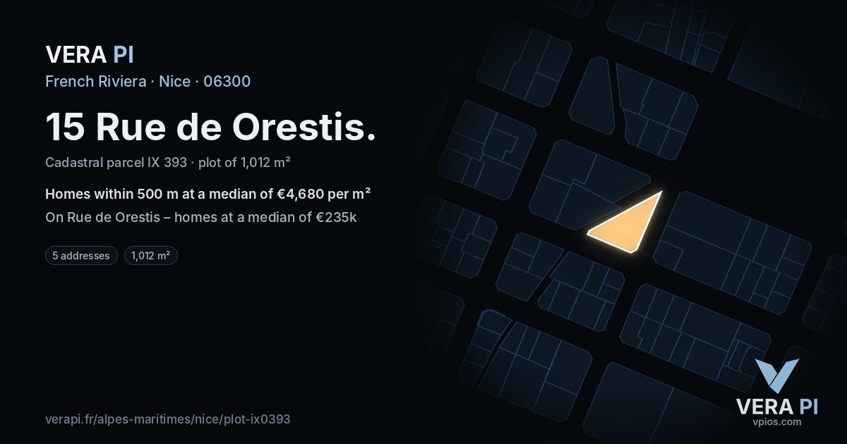 15 Rue de Orestis, Nice at night – the plot lit, the parcels around coloured by the prices near them