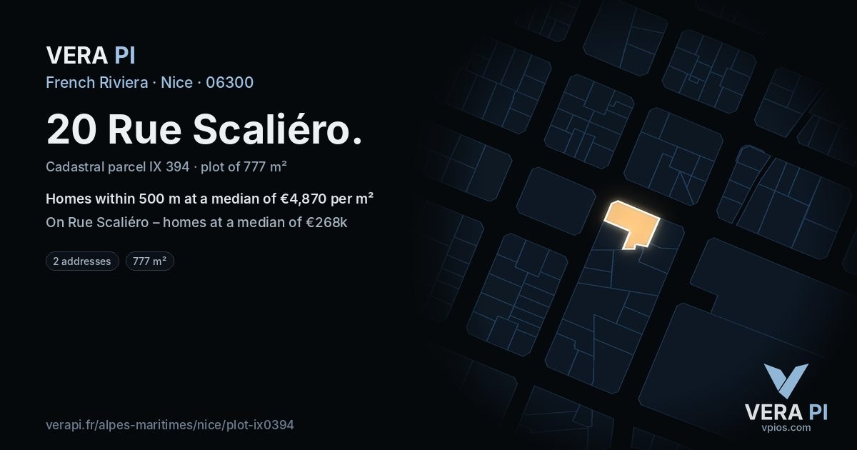 20 Rue Scaliéro, Nice at night – the plot lit, the parcels around coloured by the prices near them