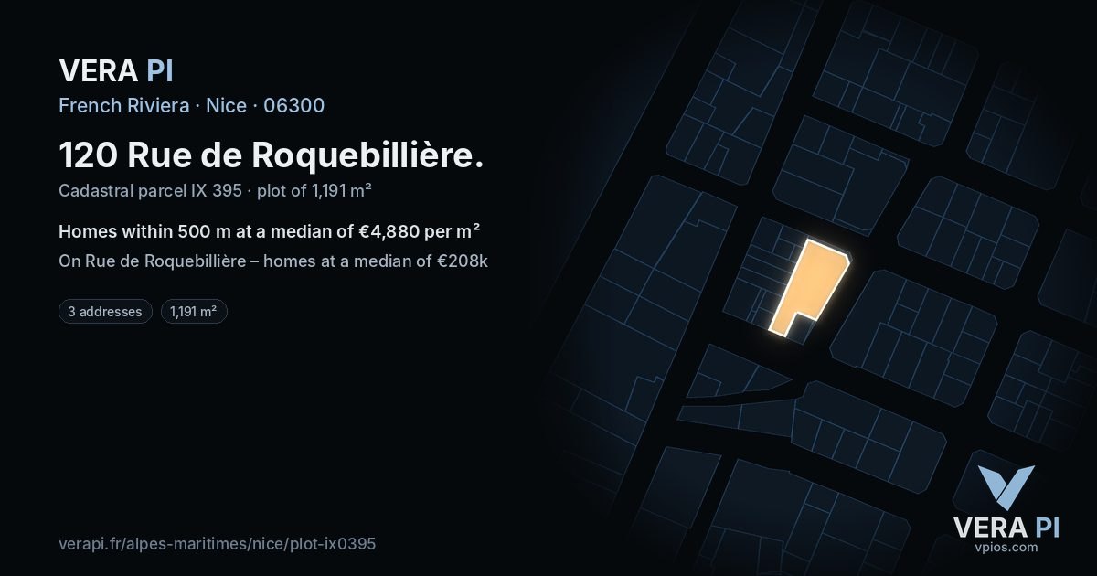 120 Rue de Roquebillière, Nice at night – the plot lit, the parcels around coloured by the prices near them