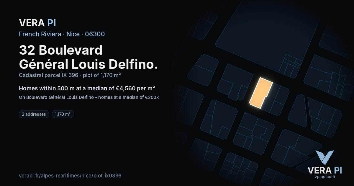 32 Boulevard Général Louis Delfino, Nice at night – the plot lit, the parcels around coloured by the prices near them
