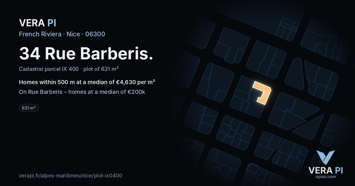 34 Rue Barberis, Nice at night – the plot lit, the parcels around coloured by the prices near them