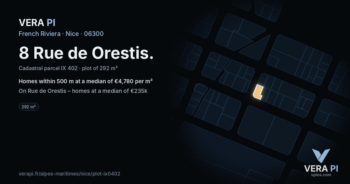8 Rue de Orestis, Nice at night – the plot lit, the parcels around coloured by the prices near them