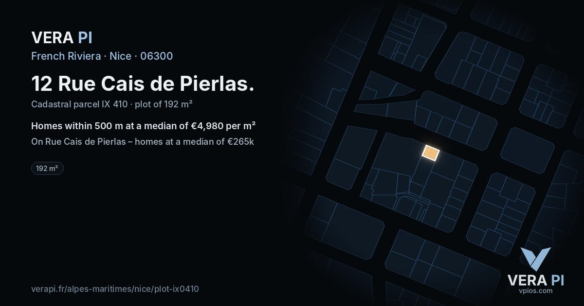 12 Rue Cais de Pierlas, Nice at night – the plot lit, the parcels around coloured by the prices near them