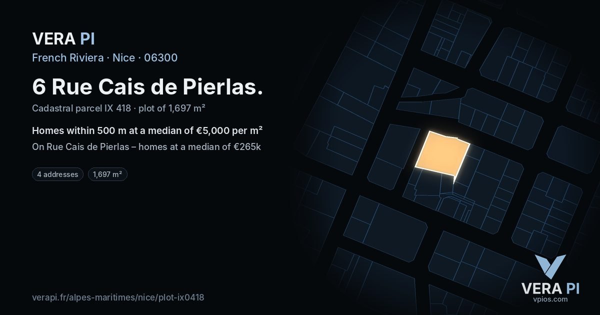 6 Rue Cais de Pierlas, Nice at night – the plot lit, the parcels around coloured by the prices near them