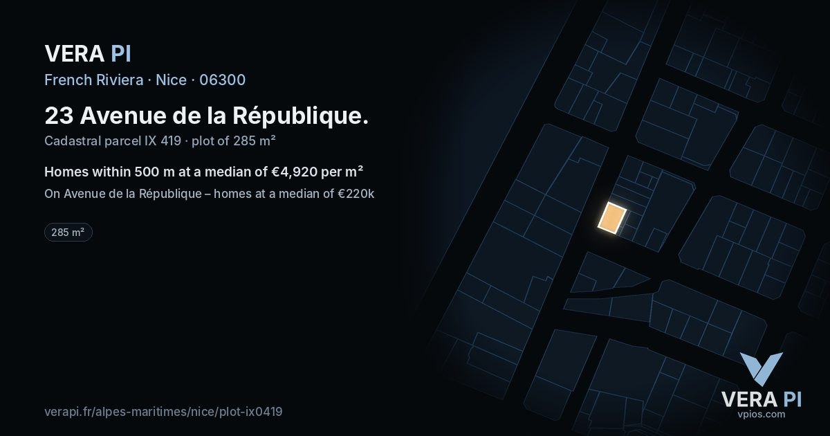23 Avenue de la République, Nice at night – the plot lit, the parcels around coloured by the prices near them