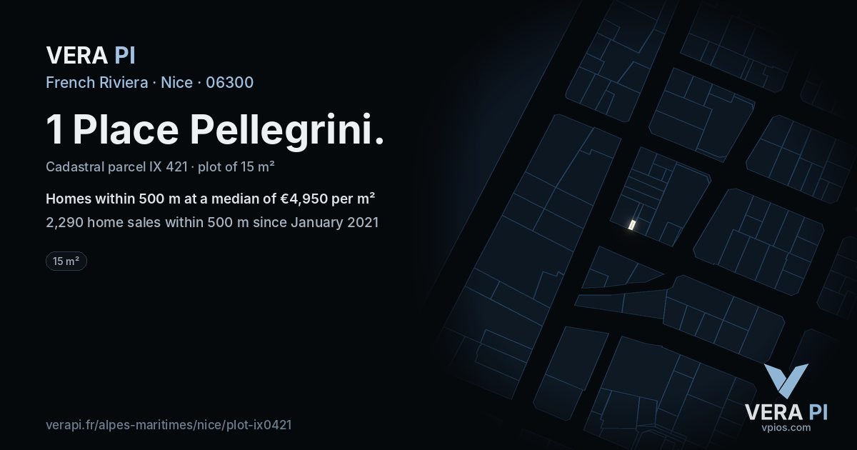 1 Place Pellegrini, Nice at night – the plot lit, the parcels around coloured by the prices near them