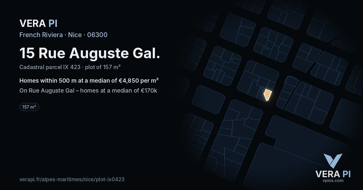 15 Rue Auguste Gal, Nice at night – the plot lit, the parcels around coloured by the prices near them