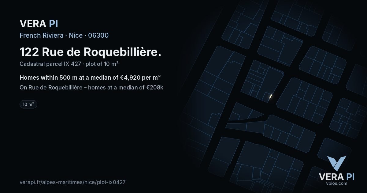 122 Rue de Roquebillière, Nice at night – the plot lit, the parcels around coloured by the prices near them