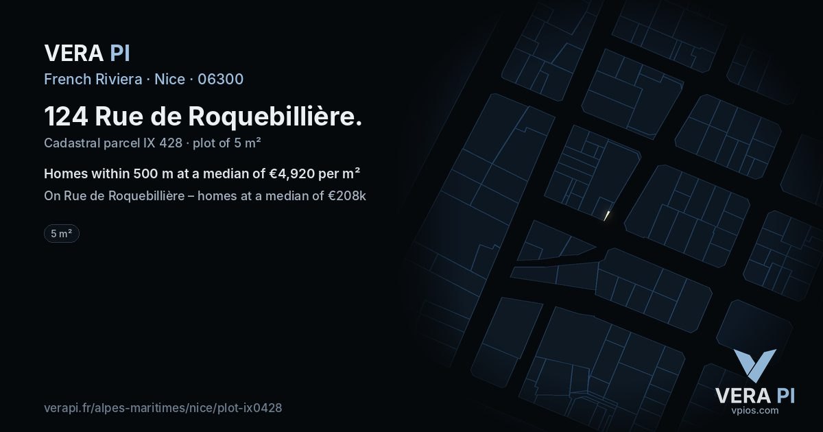 124 Rue de Roquebillière, Nice at night – the plot lit, the parcels around coloured by the prices near them