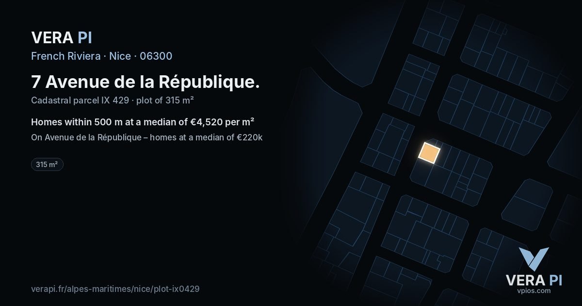 7 Avenue de la République, Nice at night – the plot lit, the parcels around coloured by the prices near them
