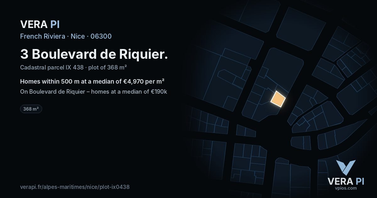 3 Boulevard de Riquier, Nice at night – the plot lit, the parcels around coloured by the prices near them