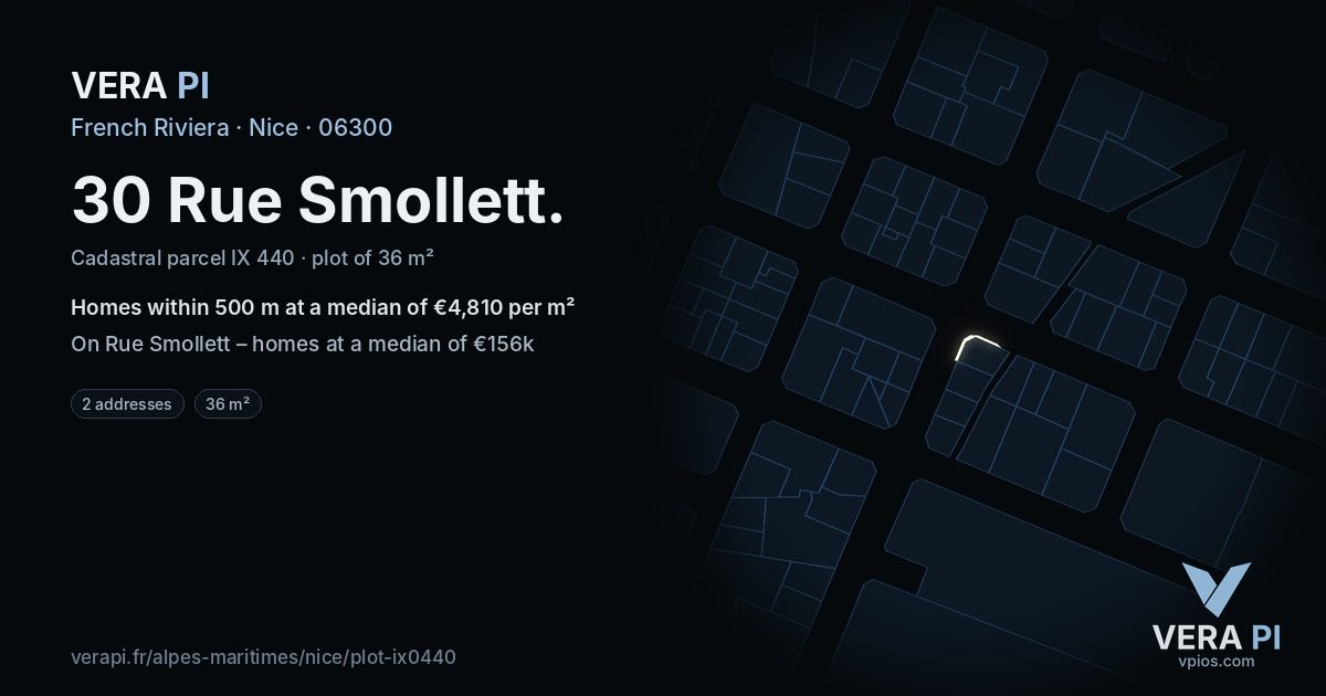 30 Rue Smollett, Nice at night – the plot lit, the parcels around coloured by the prices near them