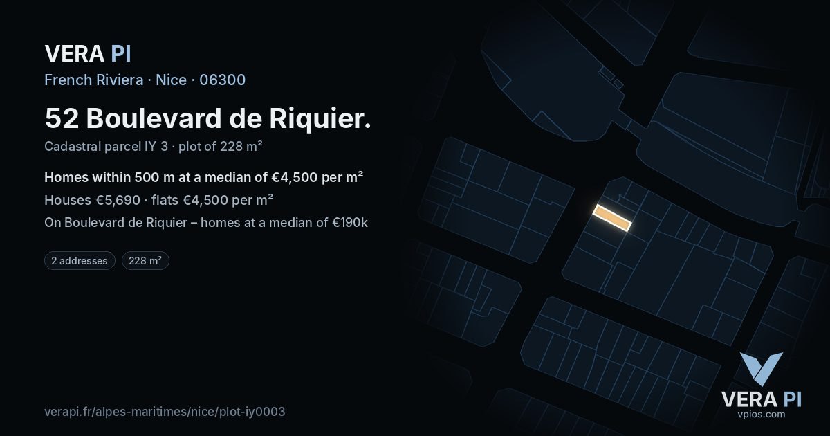 52 Boulevard de Riquier, Nice at night – the plot lit, the parcels around coloured by the prices near them