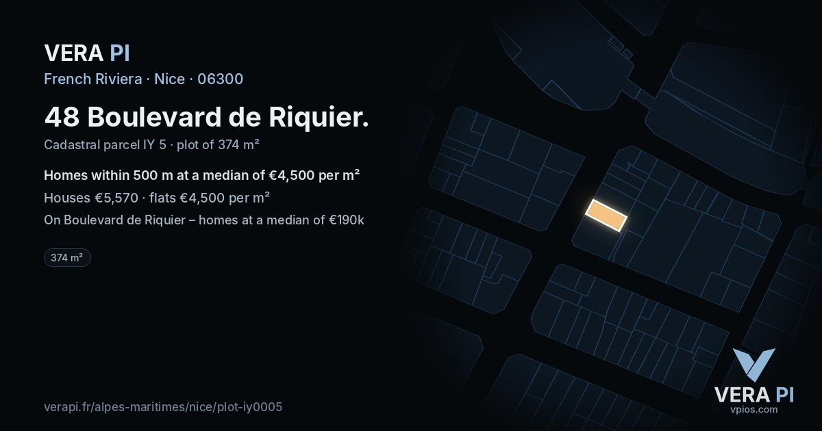 48 Boulevard de Riquier, Nice at night – the plot lit, the parcels around coloured by the prices near them