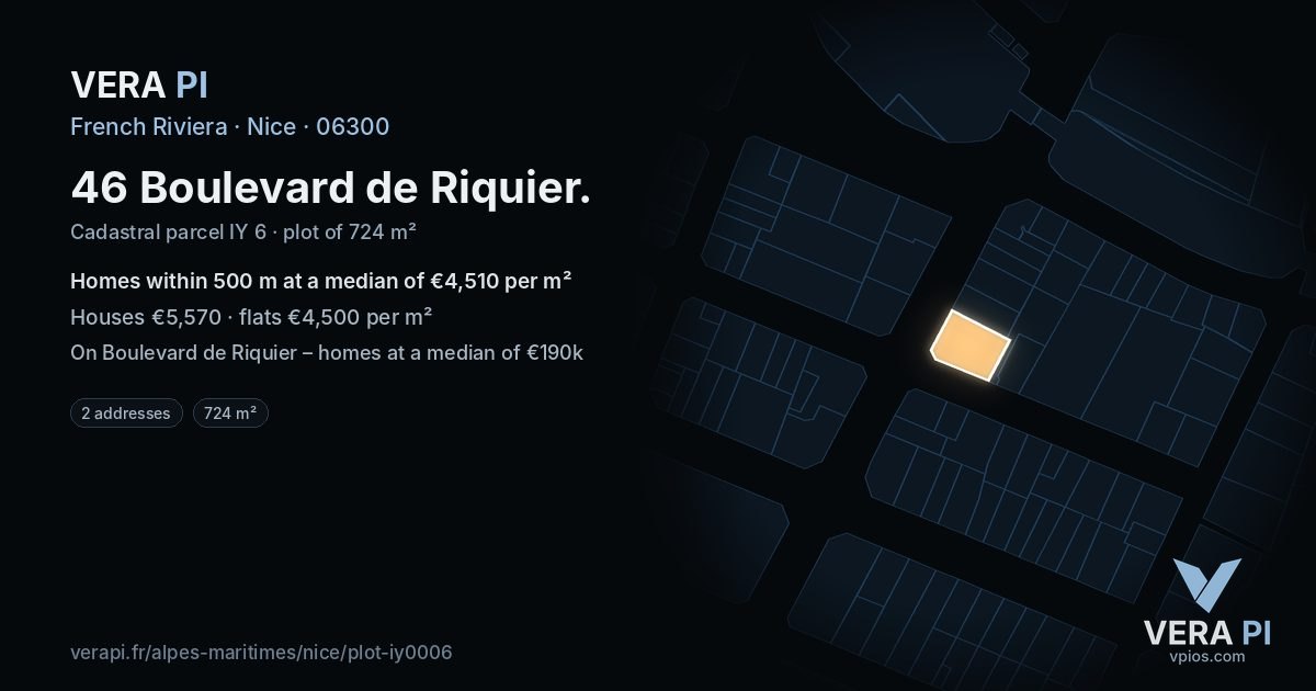 46 Boulevard de Riquier, Nice at night – the plot lit, the parcels around coloured by the prices near them