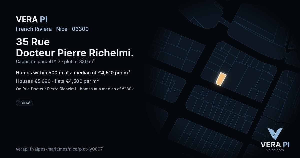 35 Rue Docteur Pierre Richelmi, Nice at night – the plot lit, the parcels around coloured by the prices near them
