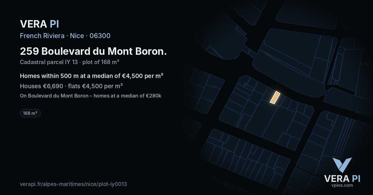 259 Boulevard du Mont Boron, Nice at night – the plot lit, the parcels around coloured by the prices near them