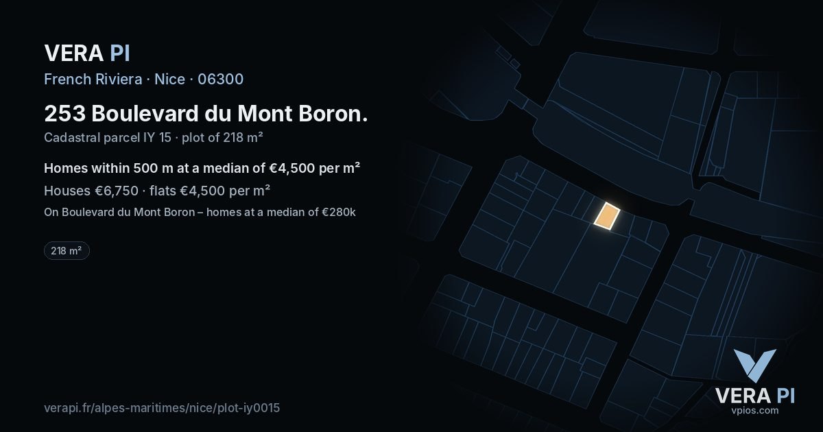 253 Boulevard du Mont Boron, Nice at night – the plot lit, the parcels around coloured by the prices near them