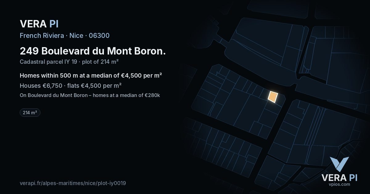 249 Boulevard du Mont Boron, Nice at night – the plot lit, the parcels around coloured by the prices near them